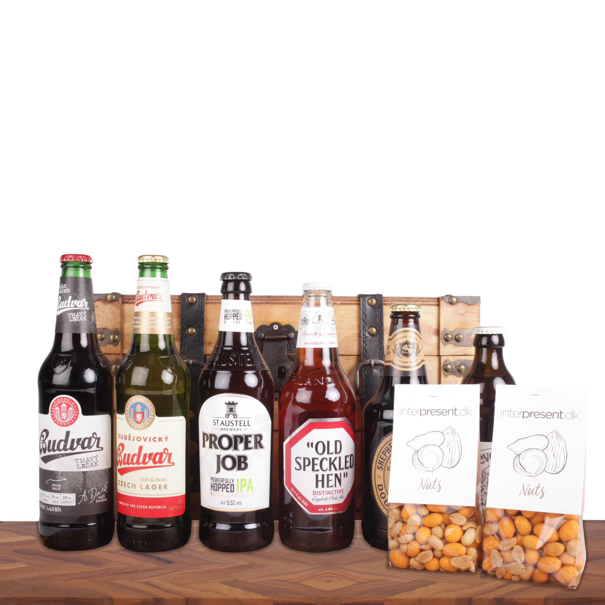 6 stk. special øl i luksus trækuffert & sprøde snacks