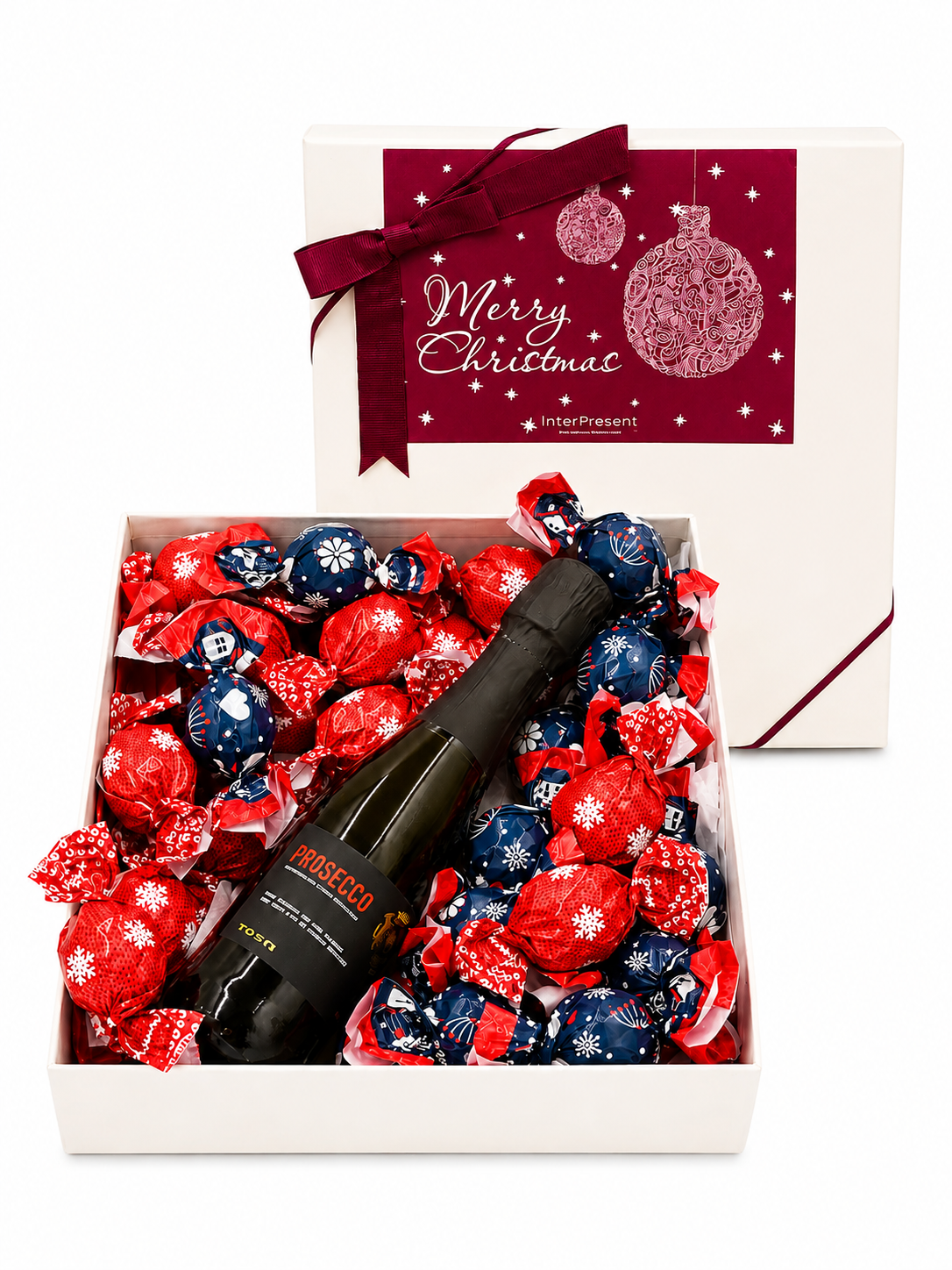 Hvid æske med prosecco og julechokolade 500g