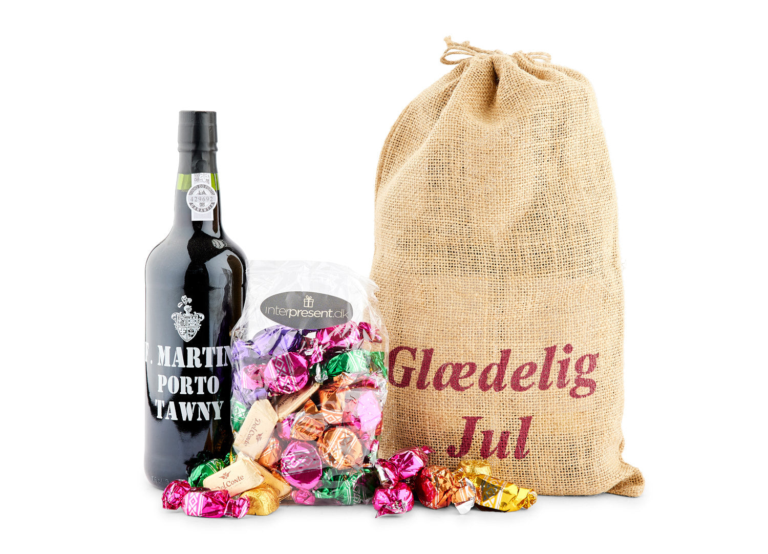 Juleportvin & 1,5 kg godter i julesæk