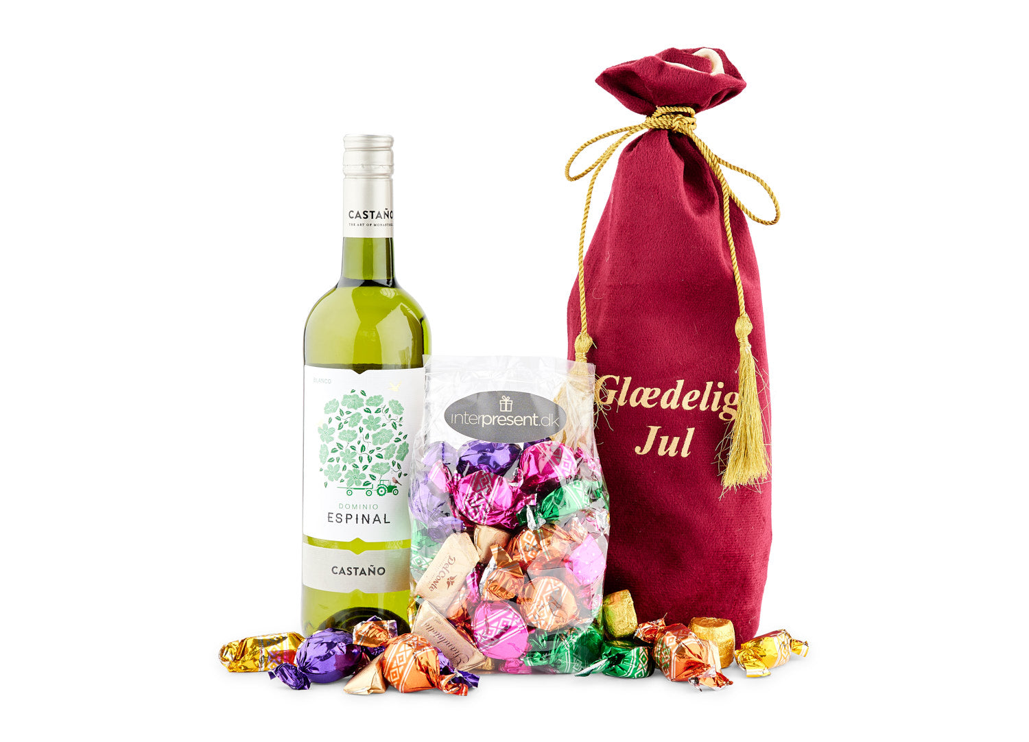 Hvidvin & Julegodter I Rød Velour Pose