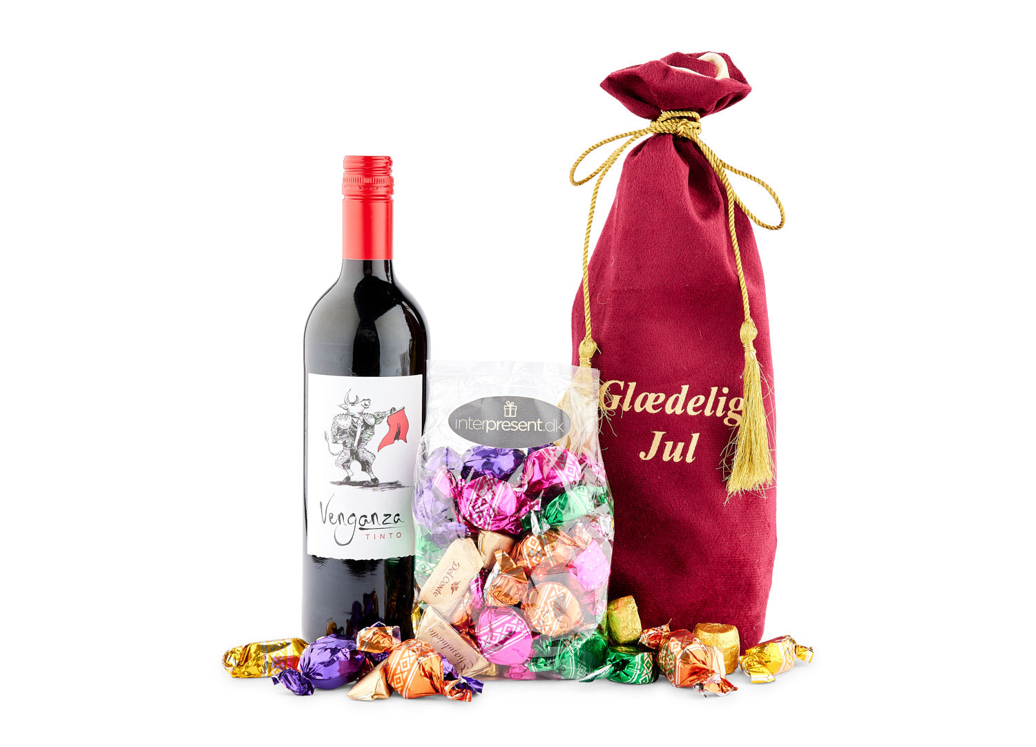 Spansk rødvin & julegodter I Rød Velour Pose