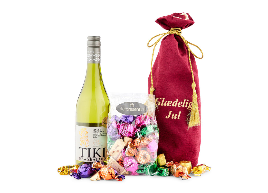 Favorit hvidvin & julegodter I Rød Velour Pose