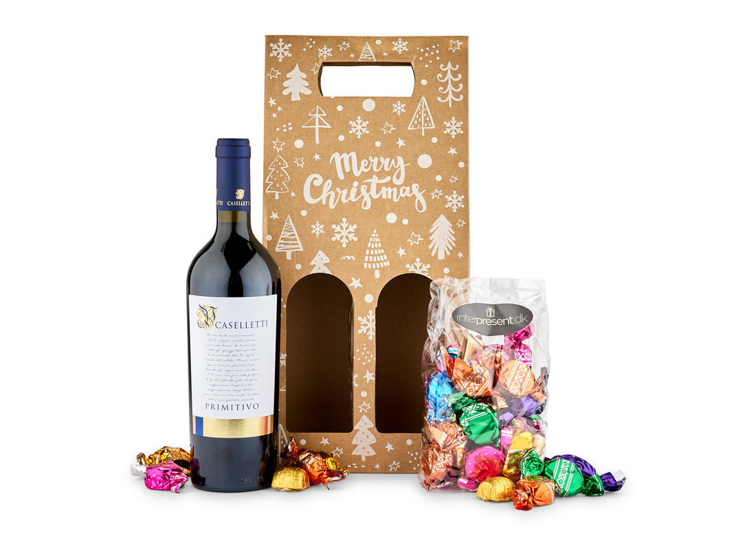 Rødvin & godter i julegaveæske