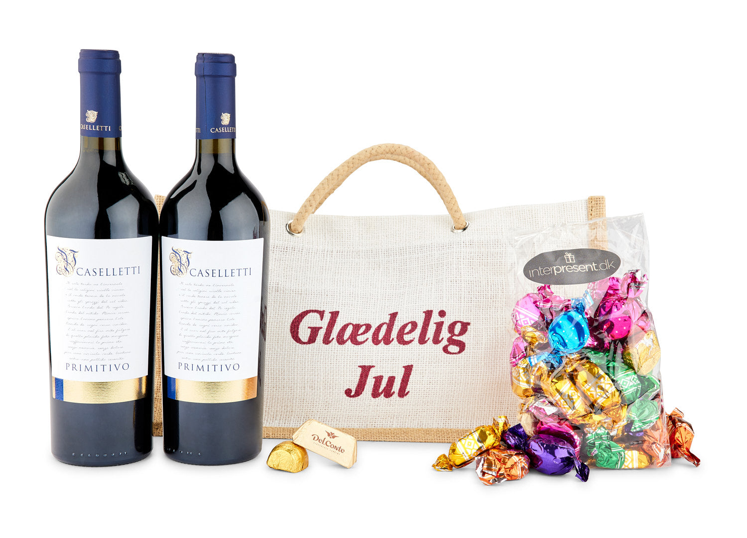 2 stk. Italiensk Vin med 600g Chokolade I "Glædelig Jul" Taske