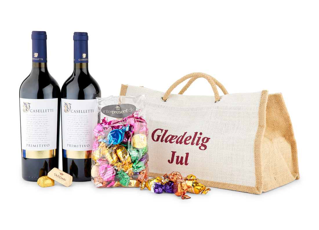 2 stk. Italiensk Vin med 600g Chokolade I "Glædelig Jul" Taske