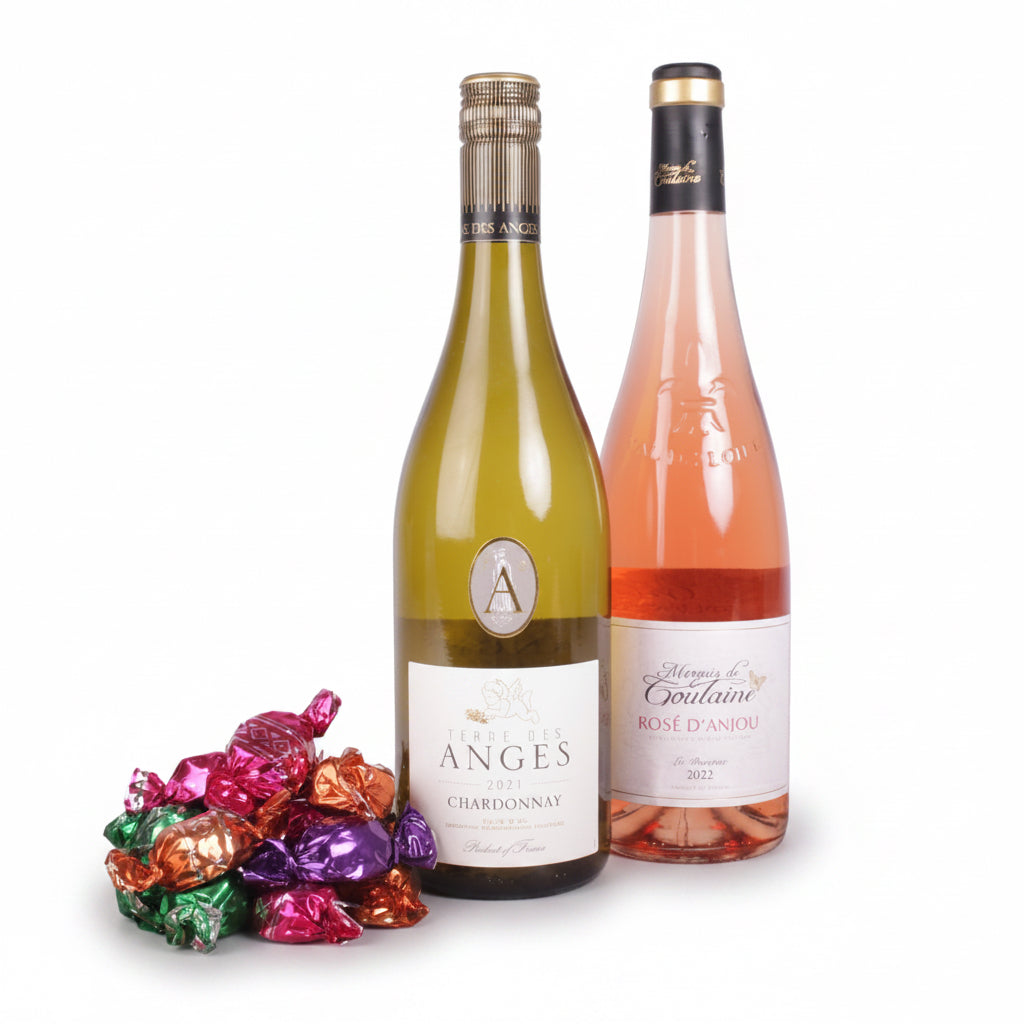 1 hvidvin og 1 rosé & chokolade i gaveæske